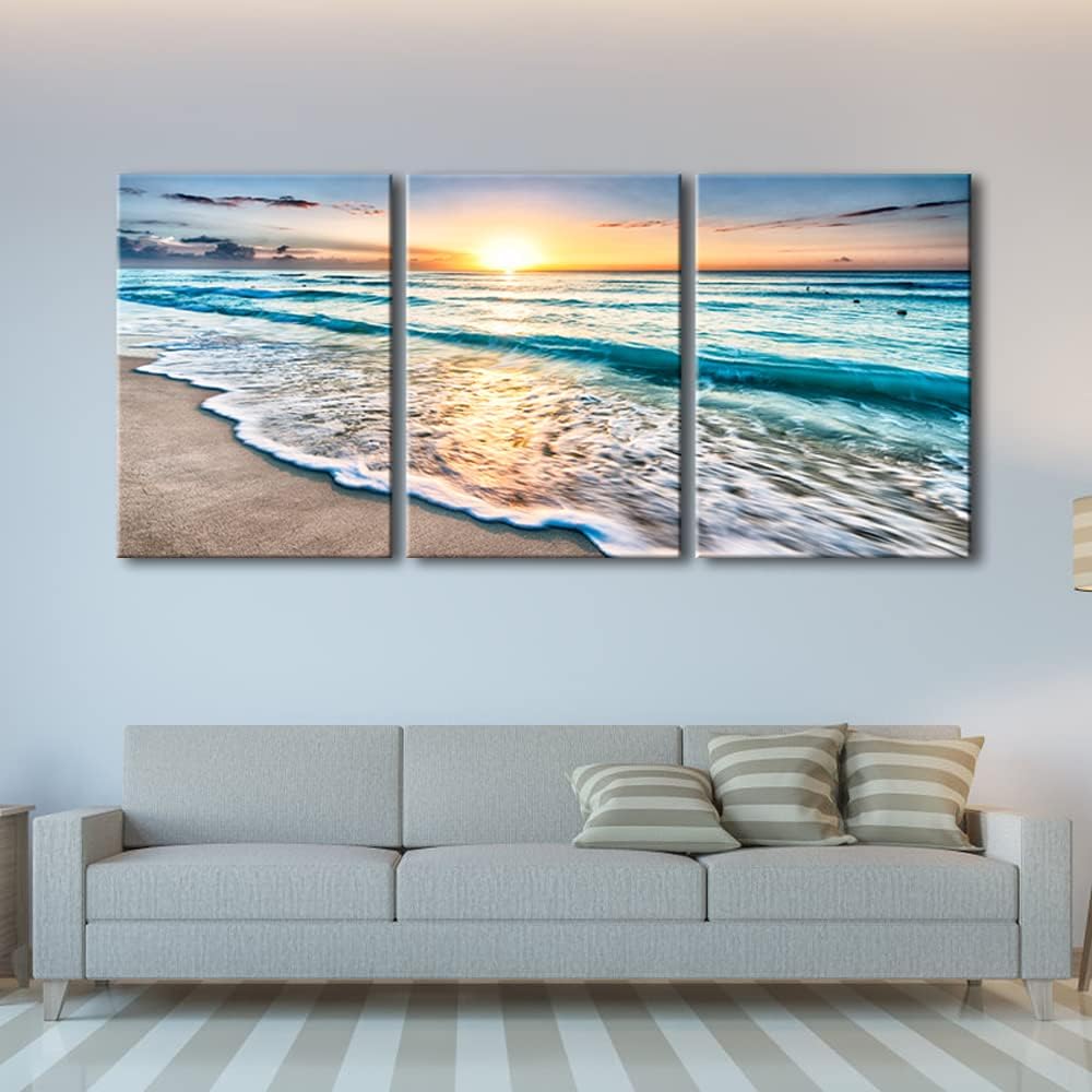 Wieco Art 3 Panels Blue Beach Sunrise White Wave Pictures on Canvas Wall Art Modern Stretched Seascape Canvas Prints Seaview Artwork for Home Office Decorations