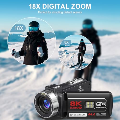 8K Video Camera 64MP Camcorder YouTube Vlogging Cameras 18X Digital Zoom Webcam IR Night Vision WiFi 3.0”Touch Screen Camcorders with Stabilizer, Mic, 64G SD Card, Remote Control and 2 Batteries
