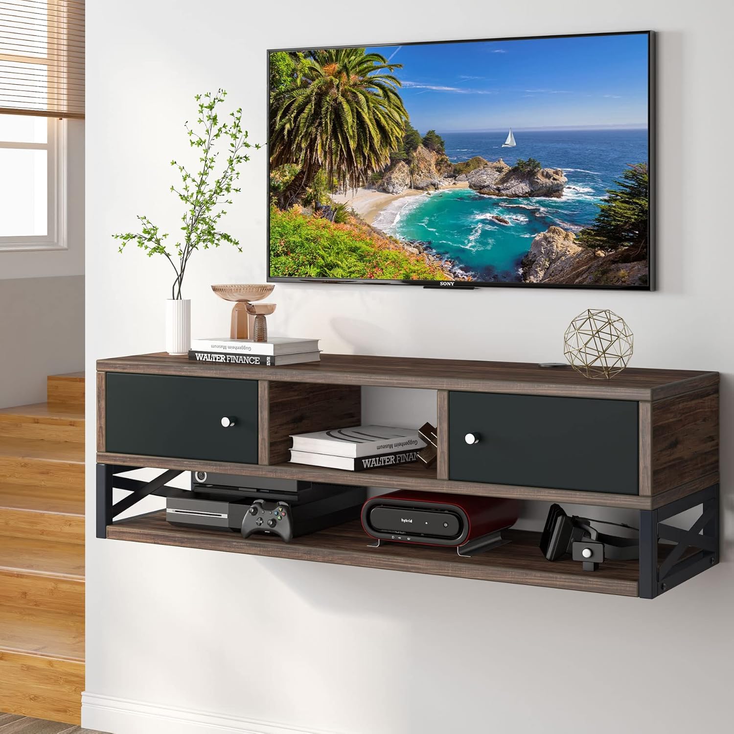 Tribesigns Floating TV Stand, 3-Tier Wall Mounted Media Console TV Shelf with Magnetic Suction Doors, TV Cabinet Entertainment Center Console Shelf for Living Room Bedroom