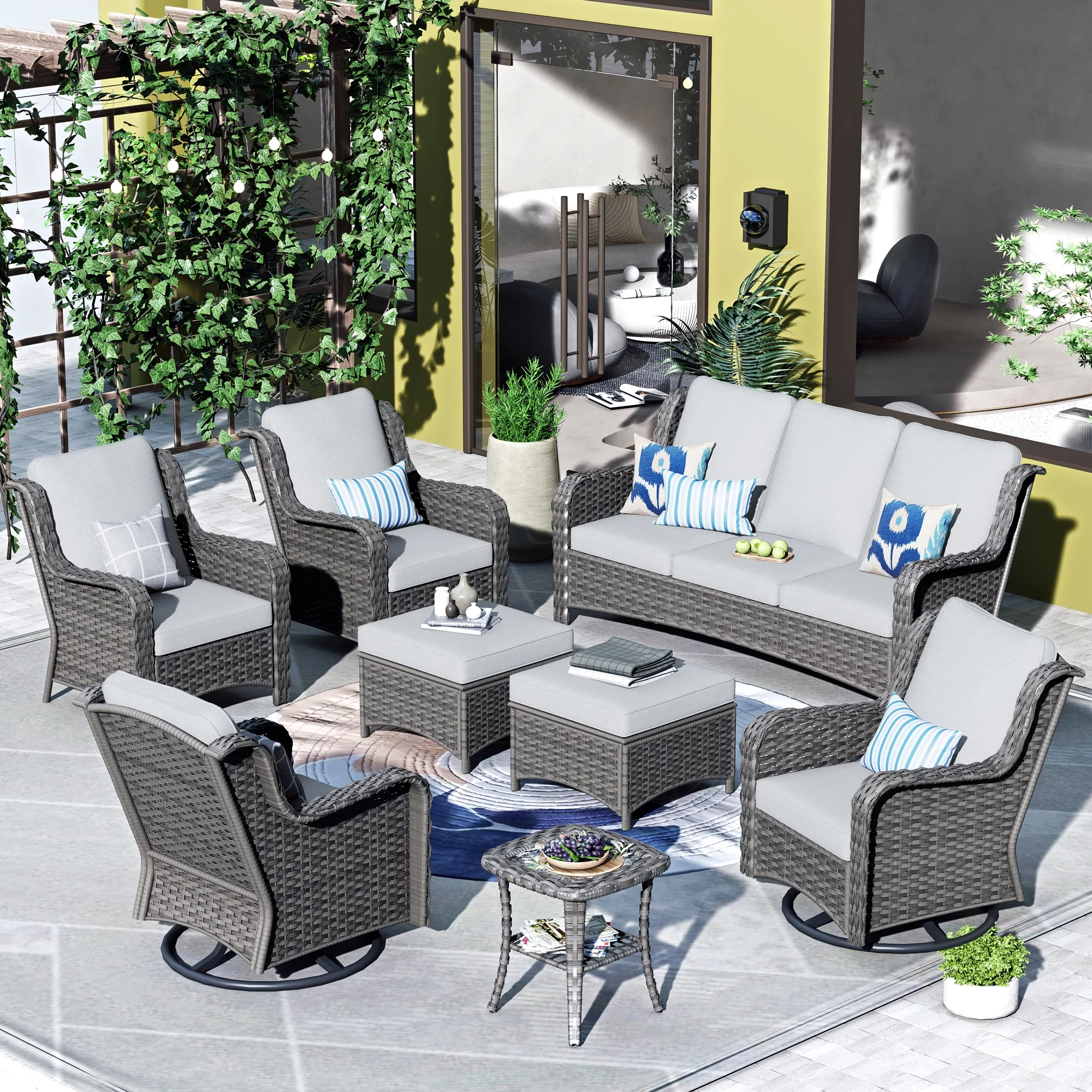 Ovios 8 Pieces Outdoor Patio Furniture with Swivel Chairs Wicker Patio Sectional with Sofa for Backyard