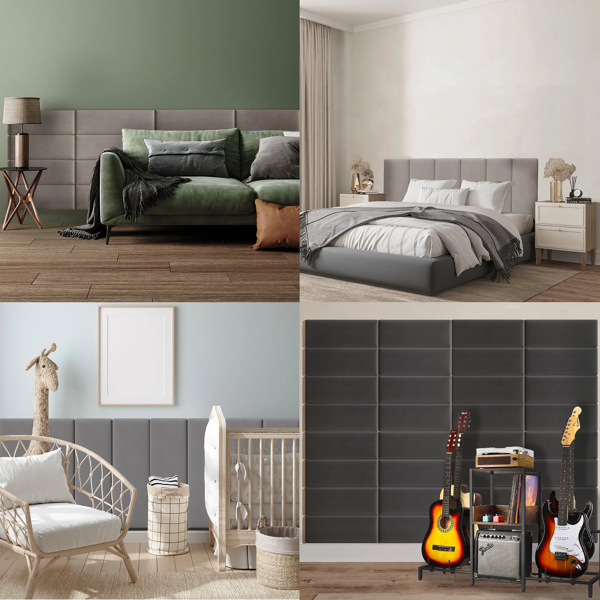 Upholstered Wall Panels Headboards - Pack of 4 Panels, Black (Each Panel 38" x 11.5")