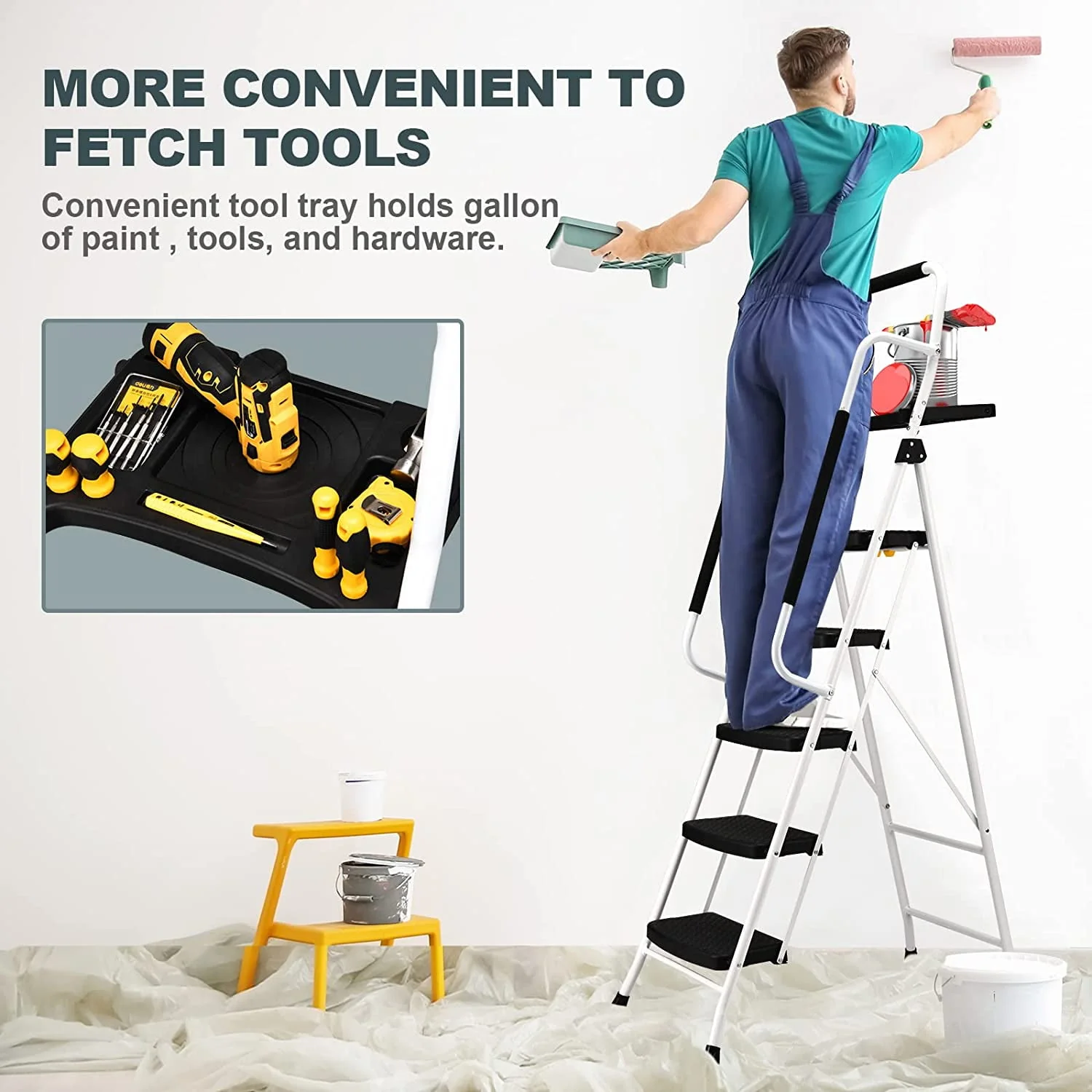 HBTower Folding 5-Step Ladder, 330lbs, with Handrails and Tool Tray and Anti-Slip Pedal, White