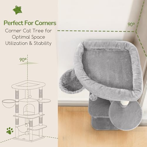 Globlazer Corner Cat Tree for Large Cats, 66inch Tall Curved Series Large Cat Tower for Multiple Indoor Cats with 6 Scratching Posts, 2 Spacious Cat Condos, Hammock, Hanging Basket, C66, Beige