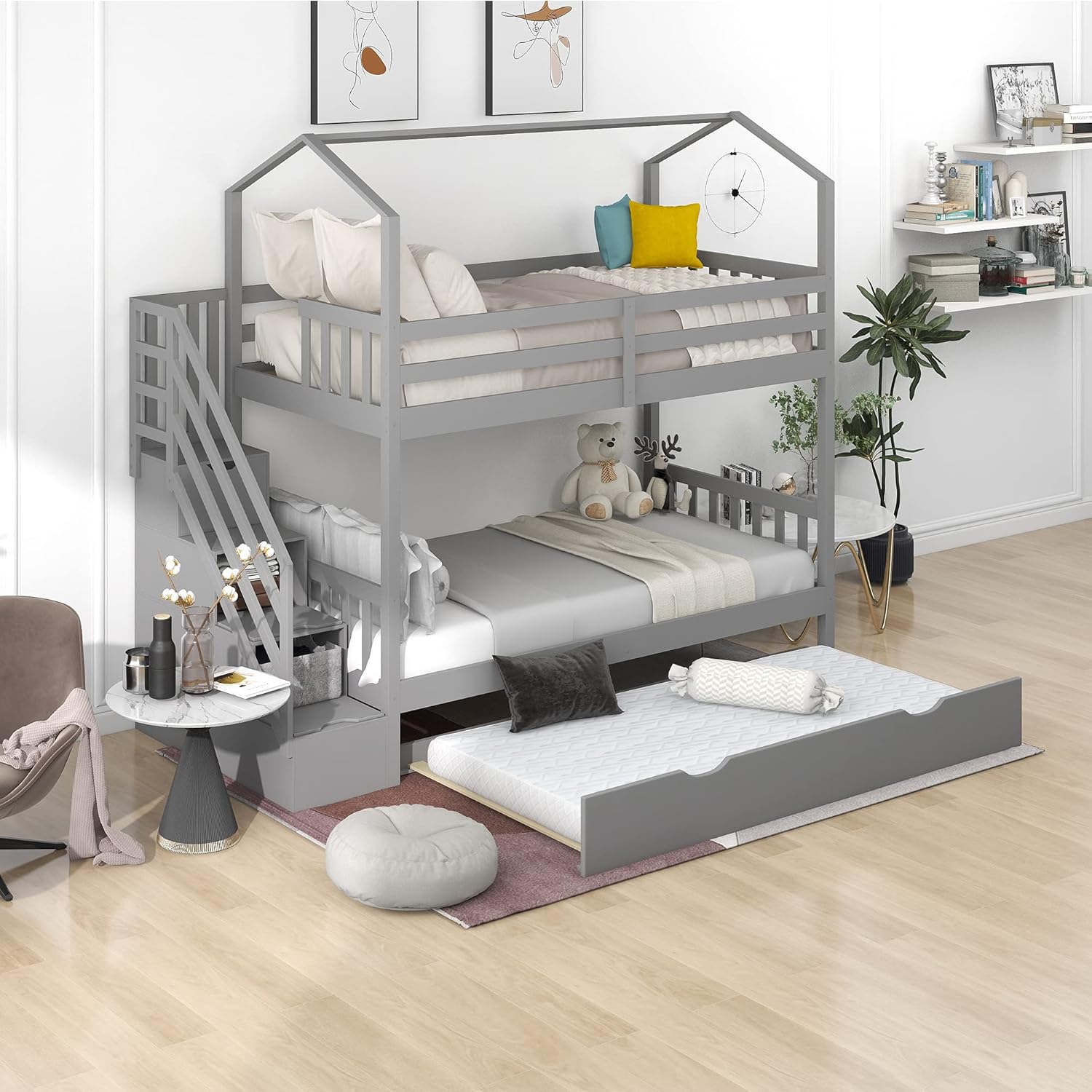 Merax Solid Wood Twin-Over-Twin Bunk Bed, Trundle Bunk Bed with 3 Storage Drawers, Staircase and Safety Guard Rail for Boys, Girls, Kids, Teens and Adults (Espresso)