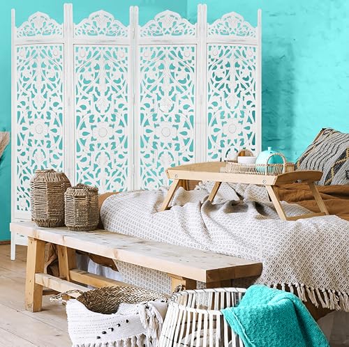 Room Divider Wood Screen - Ghanti Bells Antique Brown - 4 Panel Folding 72 x 80 - Assembled Hand Carved Decorative Functional Versatile Portable Partition Reversible Privacy Boho - COTTON CRAFT