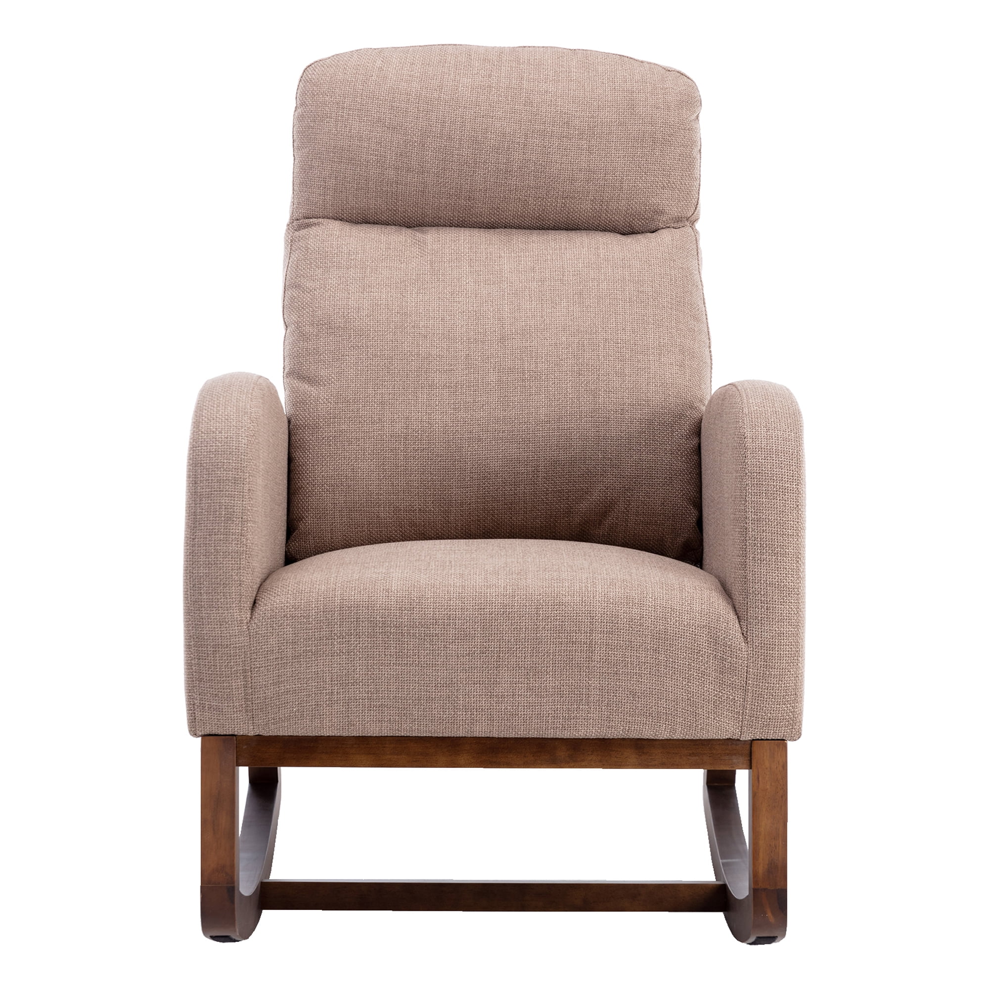 SYNGAR Modern Accent Rocking Chair, Upholstered Nursery Glider Rocker for Baby and Kids, Comfy Armchair with Side Pocket, Living Room Lounge Arm Chair, High Backrest with Wood Curved Base, Camel