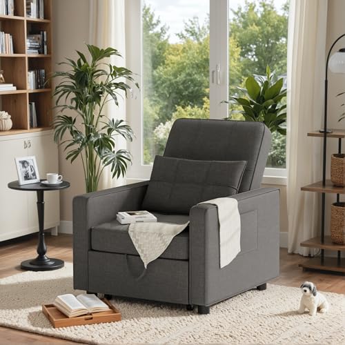 JUMMICO Sleeper Chair, 3-in-1 Convertible Sleeper Sofa Bed for Adults, Linen Fabric Pull Out Chair Bed with Adjustable Backrest, for Living Room, Apartment, Office, Small Space (Beige)