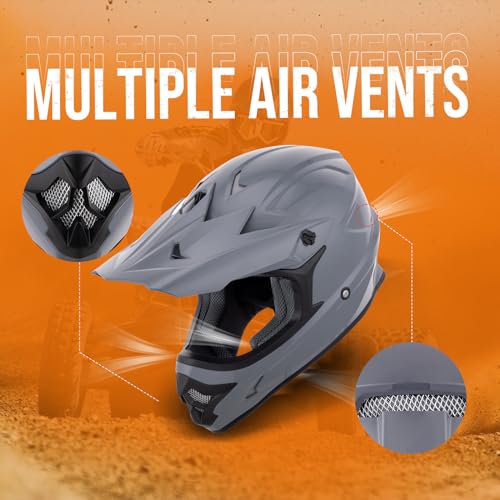 Adult ATV Dirt Bike Helmet with Goggles Gloves & Mask Adjustable Sun Visor Motorcycle Adult Helmet Off-Road Motocross Downhill Moped MX for Unisex-Adult-Gray