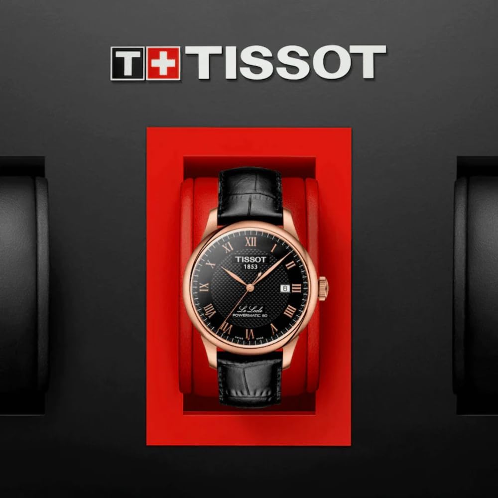 Tissot Mens Le Locle Powermatic 80 316L Stainless Steel case with Rose Gold PVD Coating Automatic Watches, Black, Leather, 19 (T0064073605300)