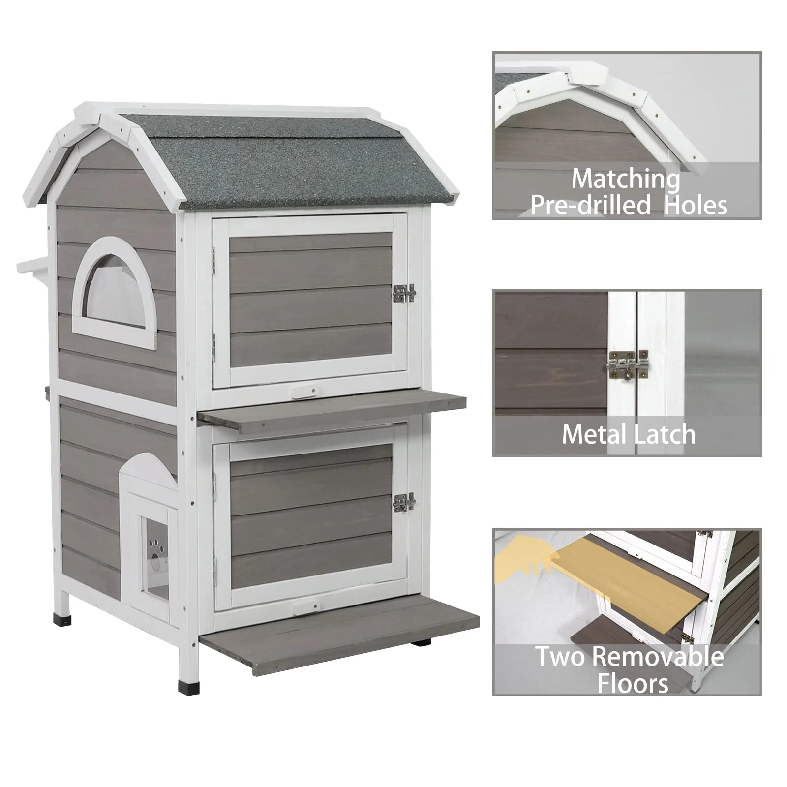 PetsCosset Outdoor Cat House Shelter Weatherproof, Two Story Wooden Outside Cat House Feral Cat House with Escape Door, Removable Floors