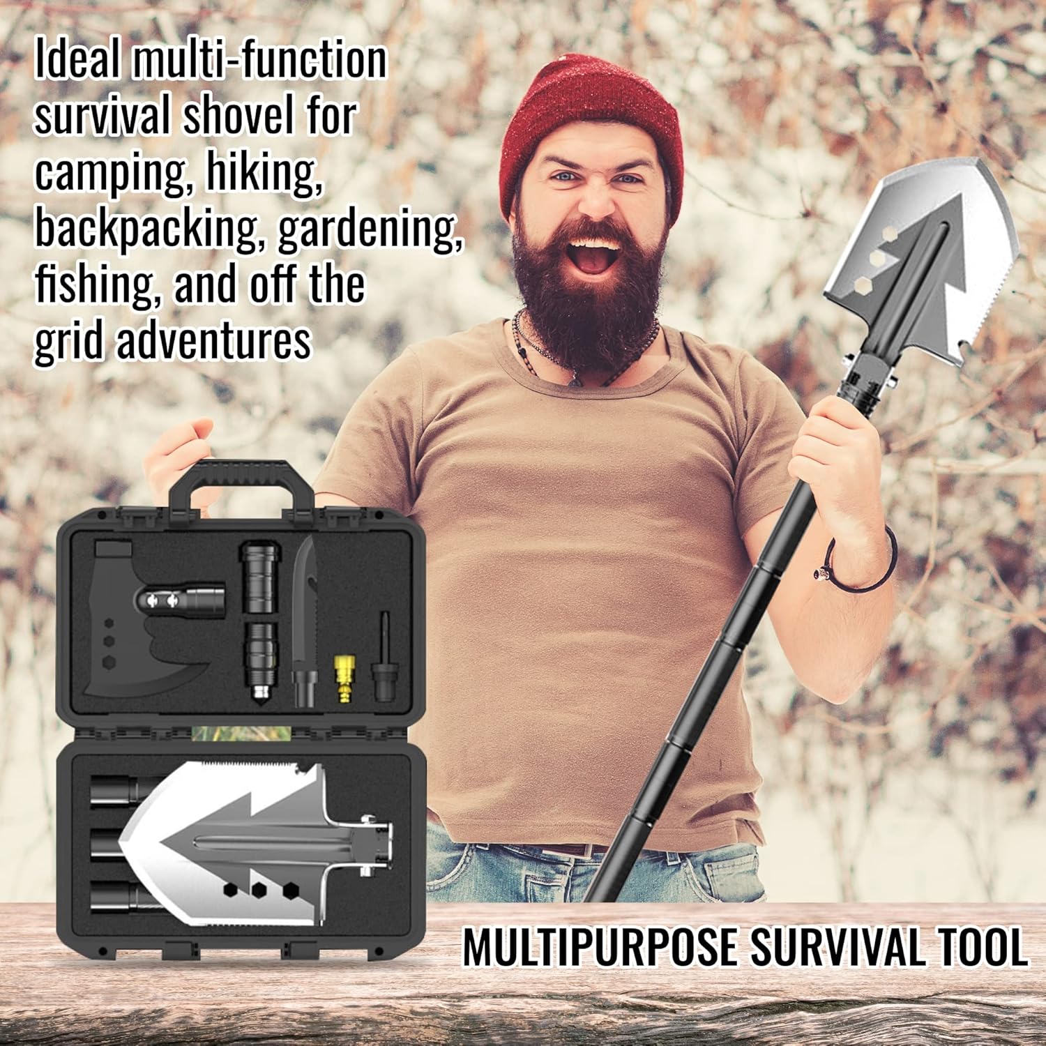 Camping Shovel and Multitool Set for Backpacking | Lightweight, Collapsible Camping Equipment and Survival Tools with Lightweight-Hatchet | 8-Piece Survival Kit for Outdoors and Hiking