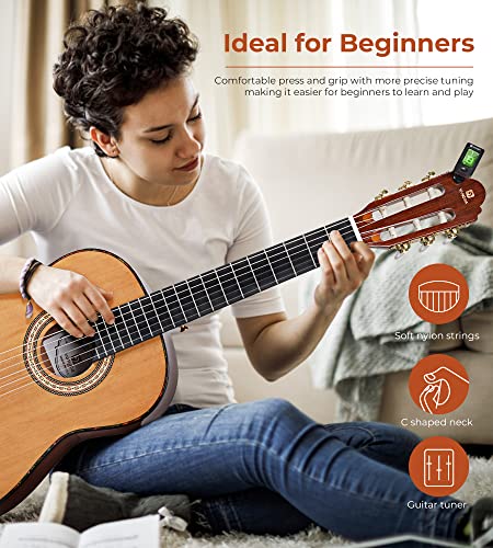 Classical Guitar Full Size 4/4 Spanish Style Classical Guitarra, 39 Inch Nylon Strings Guitar Ideal for Beginner Adults, Solid Cedar Top, by Vangoa