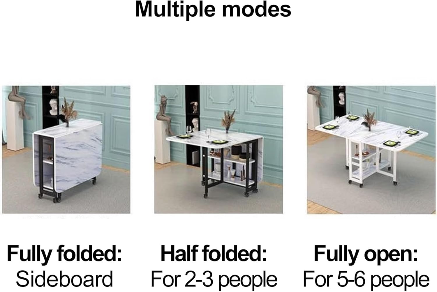 Drop Leaf Dining Table, Modern Folding Dining Table with 6 Wheels and 2-Layer Storage Racks, Space Saving Kitchen Table, Carbon Steel Bracket, Foldable in 3 Forms