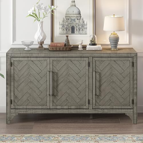 60" Storage Sideboard Cabinet with Metal Handles and 3 Doors, Wood Storage Cabinet with Adjustable Shelves and Decorative Stripe, Sideboard for Living Room, Study, Entrance (Gray-01)