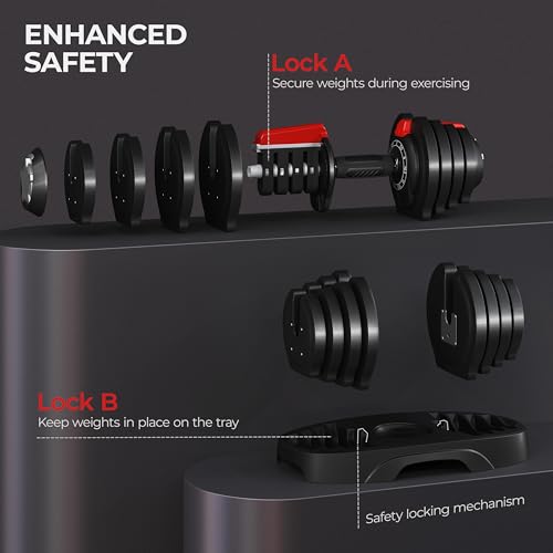 Yaheetech Adjustable Dumbbell Set 28/40/52.5/90LBS Adjustable Dumbbells Fast Adjust Dumbbell Weight Set with Anti-Slip Handle and Tray for Men/Women Home Gym Strength Training Equipment Single/Pair