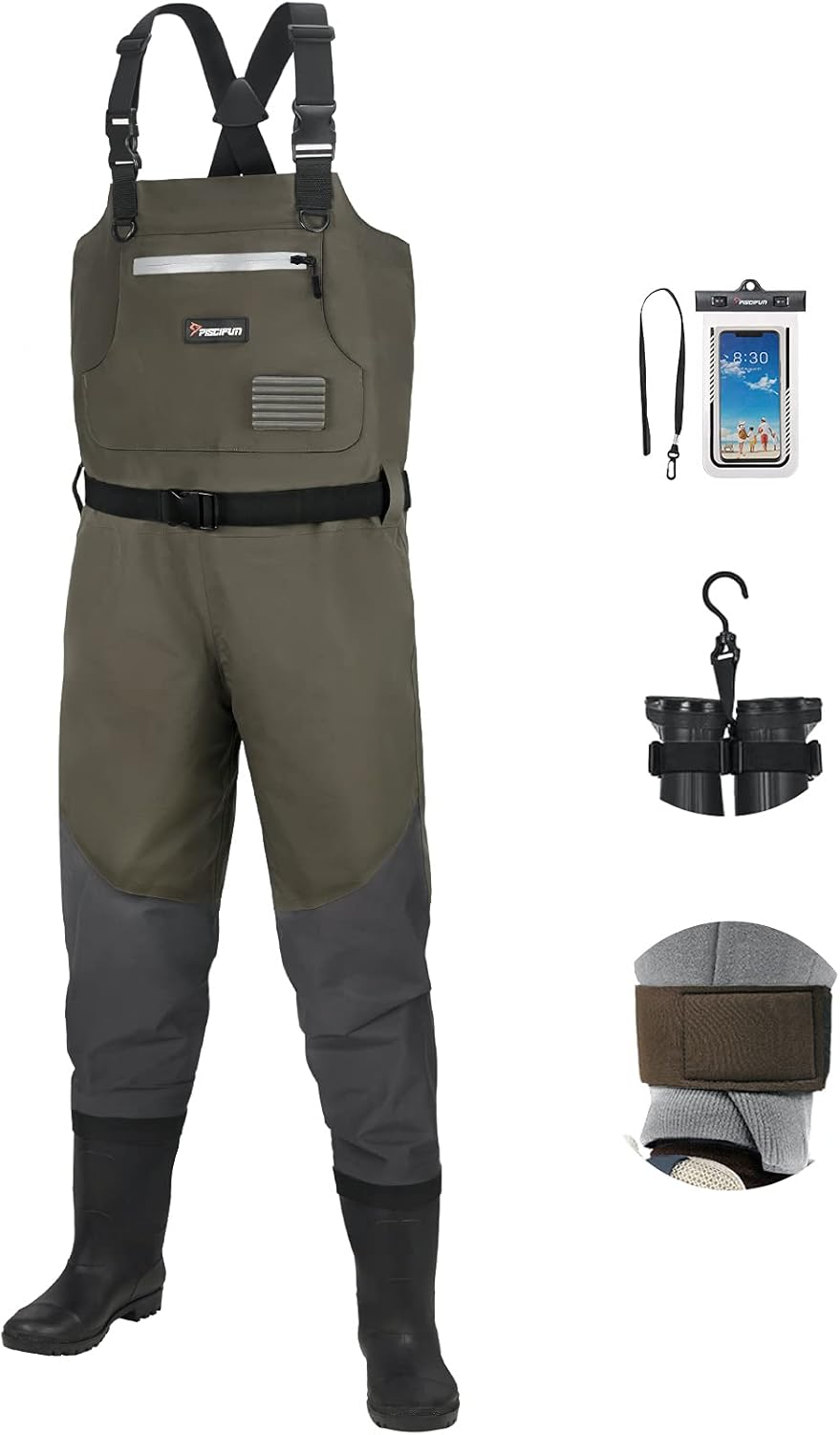 Piscifun BX Breathable Chest Waders with Boots, Bootfoot Chest Waders, 3-Layer Polyester Fishing & Hunting Waders for Men and Women, Bootfoot Waders with Boot Hanger (Brown & Camouflage)