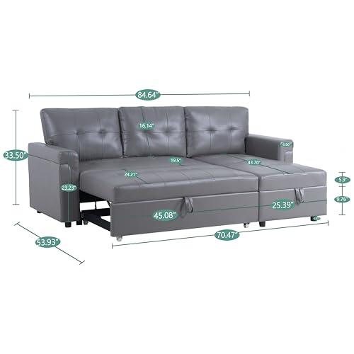 Naomi Home Jenny Sectional Sofa Sleeper with Storage Chaise, Tufted Pull Out Couch with Storage, L-Shaped Reversible Sleeper Sofa with Storage, Black,Air Leather