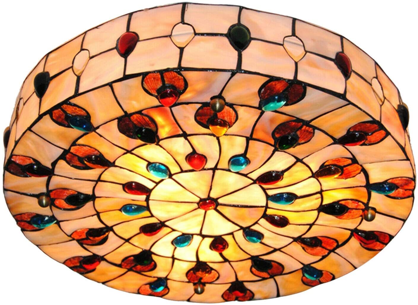 TFCFL Vintage Tiffany Ceiling Light, 20 Inch Flush Mount Stained Glass Hand-Made Art Deco Chandelier Lamp Fixture with Peacock Tail Painting Shade