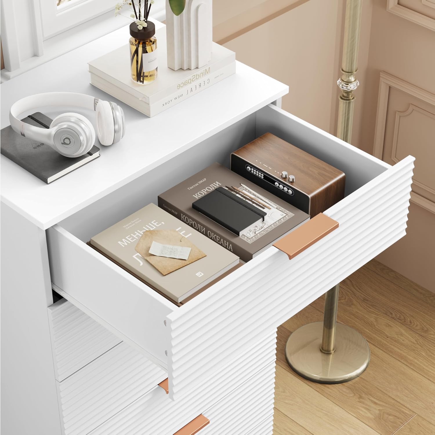 6 Drawer Dresser, Tall White Dresser with Large Storage Space, Modern Chest of Drawers with Handles, 6 Large Capacity Vertical Dressers for Home & Office