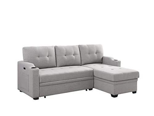 LSOFA 83 Inch Convertible L Shaped Sleeper Sectional Sofa Linen with Storage Chaise, Pull Out Bed, Cup Holder, USB Charging Port, Side Pocket, Reversible Corner Couch Design, 83, Light Grey4