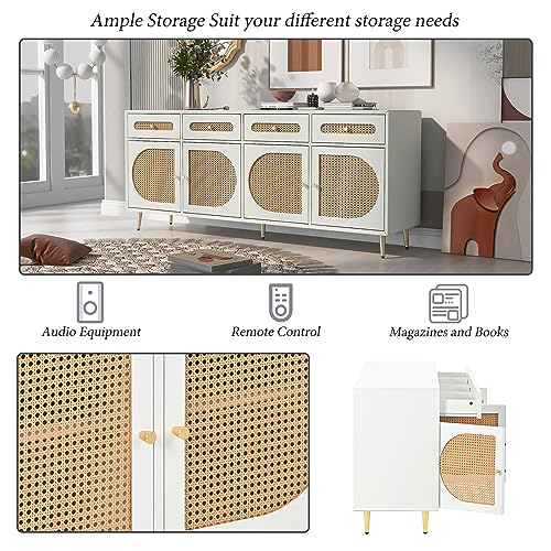 Rattan Buffet Sideboard Cabinet,4 Doors Storage Cabinet Console Table Decorative Cabinet with 4 Drawers, Adjustable Shelves for Kitchen Living Room Dining Room, White (White)