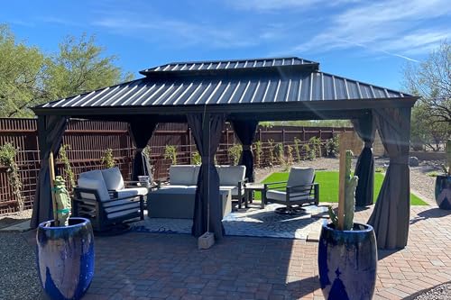 PURPLE LEAF 10' X 14' Permanent Hardtop Gazebo Aluminum Gazebo with Galvanized Steel Double Roof for Patio Lawn and Garden, Curtains and Netting Included, Grey
