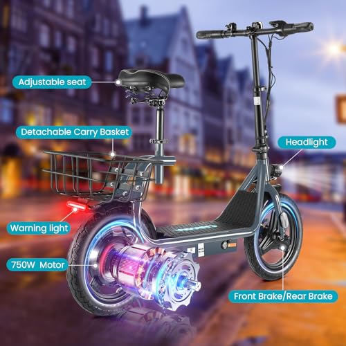 Caroma Peak 500W/800W/1200W Electric Scooter with Seat, Max 15/20/30Miles Range&20MPH, 14" Tires Foldable Adult Electric Scooter with Basket for Pets & Cargo, Dual Shock Absorbing Ebike for Commuting