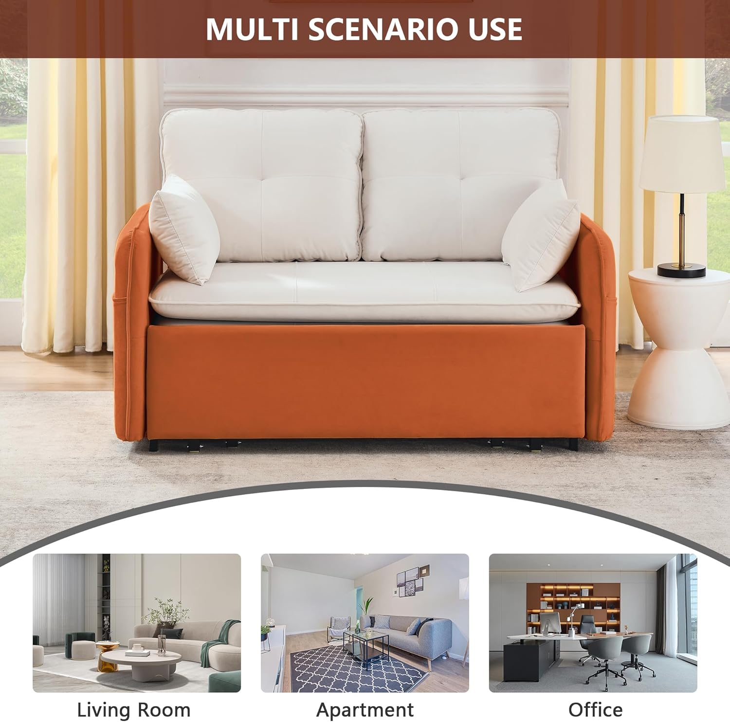 CALABASH 53" Loveseat Sleeper Sofa Bed, 3-in-1 Convertible Pull Out Bed, Velvet Sleeper Bed with USB Ports and Side Pockets, Small 2 Seater Sofa Bed for Apartment Small Spaces