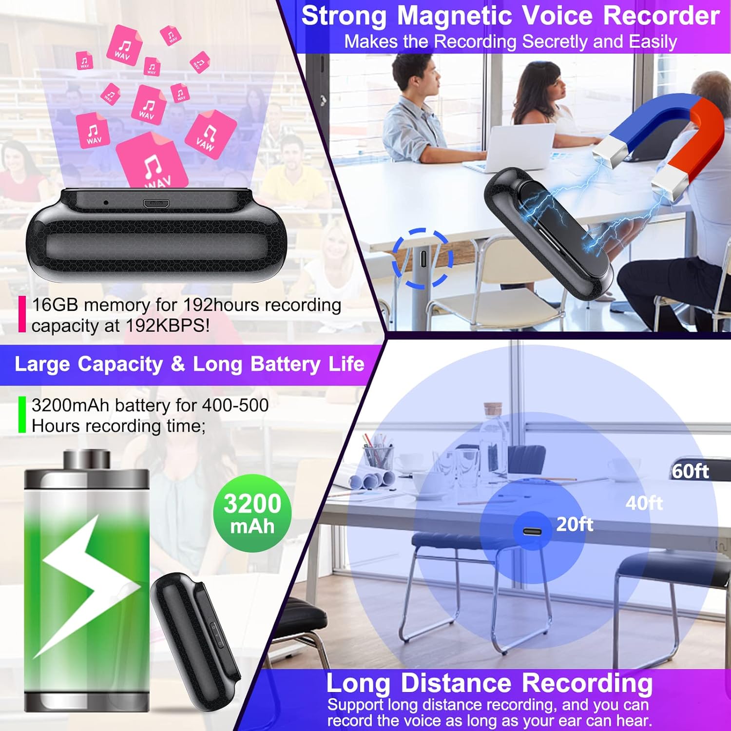 32GB Voice Activated Audio Recorder Mini Digital Voice Recorder with 400 Hour Storage Capacity,365 Days Standby Battery & up to 500 hrs Continuous Recording,Magnetic,Time Stamp,Password Protect Pack of 2