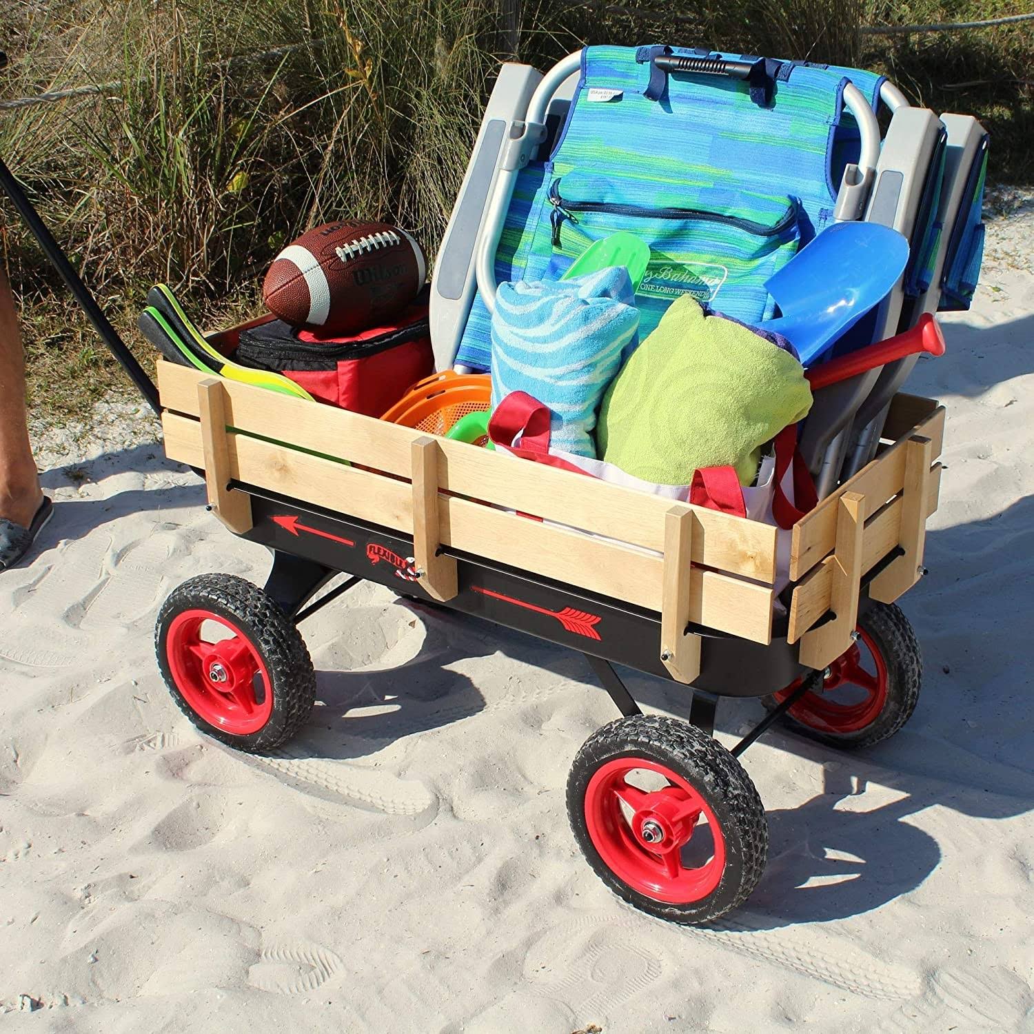 Flexible Flyer W-101 All Terrain Wood and Steel Wagon with Handle, Black and Red