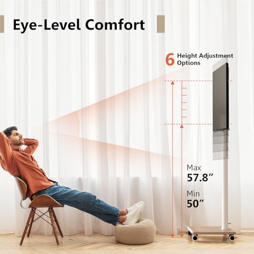 FITUEYES Rolling TV Stand with Power Outlets, Swivel Portable TV Stand for 32-75Inch LCD LED OLED Flat/Curved Panel Screen TVs, Height Adjustable&Wood Base, Mobile TV Cart Holds up to 99Lbs.