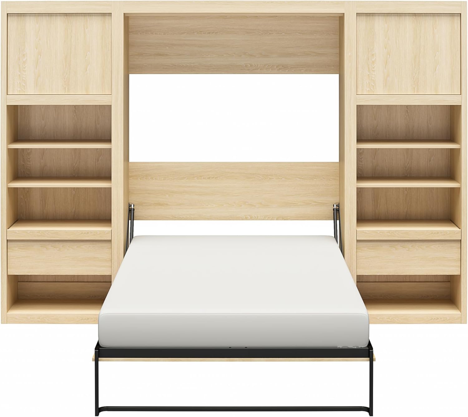 Signature Sleep Full Size Murphy Wall Bed with Wooden Slats in Engineered Wood, with Storage and Charging Station in Light Oak, No Box Spring Needed, Easy Assembly, Up to 600 lbs Weight Capacity