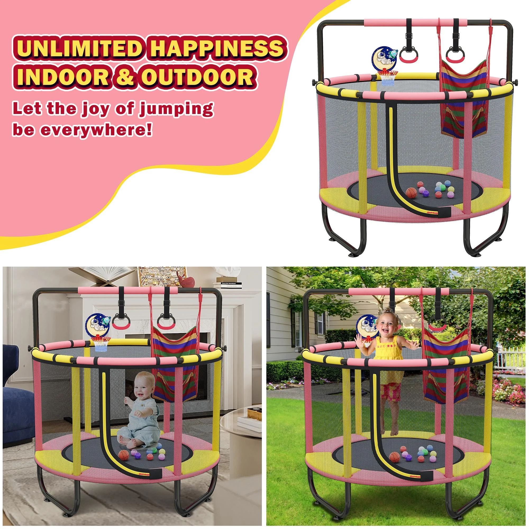 55'' Mini Trampoline for Kids, Small Toddler Trampoline with Enclosure, Indoor Outdoor Trampoline with Basketball Hoop, Adjustable Bar and Rings, Swing and Boxing Bag