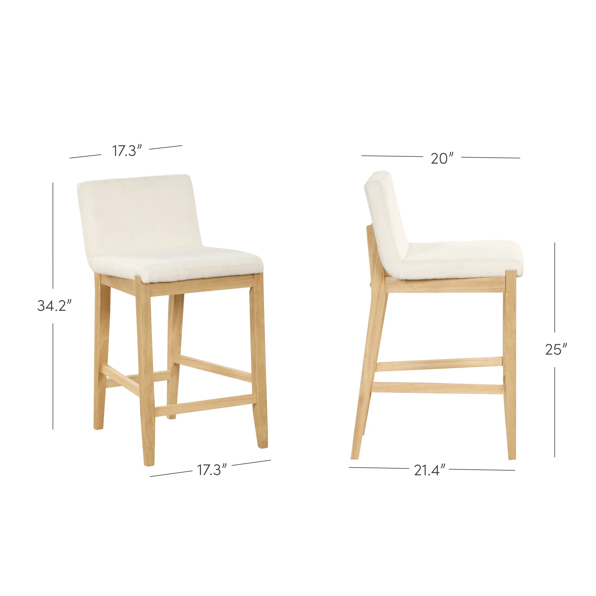 Gracie Modern Counter Height Bar Stool with Back, Counter Stool Upholstered Chair with Natural Textured Boucle Linen and Brushed Wooden Legs, White/Light Brown