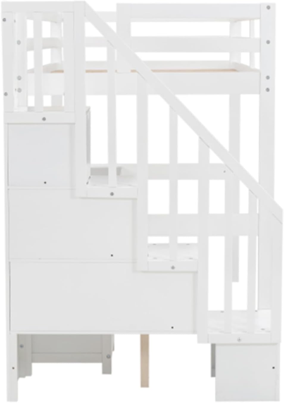 Simple double loft bunk bed frame with built-in desk and double storage drawers, with ladder fence, white