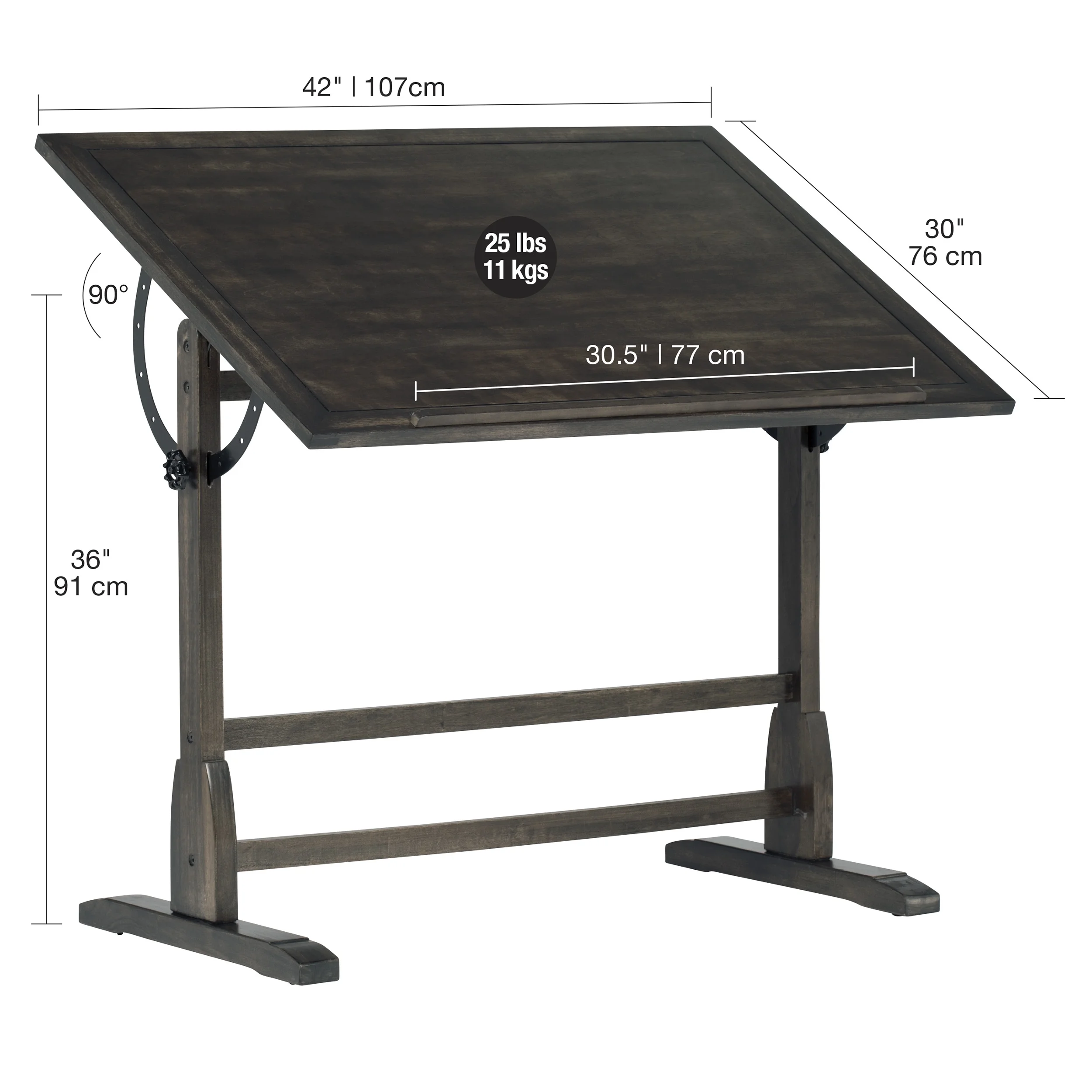 Vintage Solid Wood Drawing/Drafting Table with 42" x 30" Adjustable Tilting Top