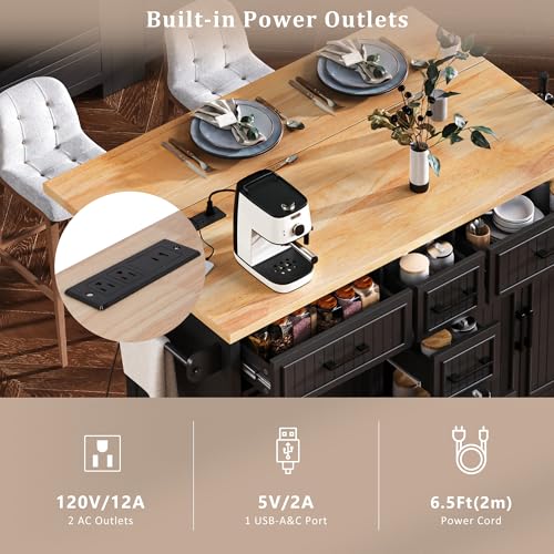 56.5" Rolling Kitchen Island with Storage on Wheels, Kitchen Cart with Drop Leaf & Power Outlet, Portable Island Table with 4 Doors, 5 Drawers, Spice Rack and Towel Bar for Dinning Room, Black