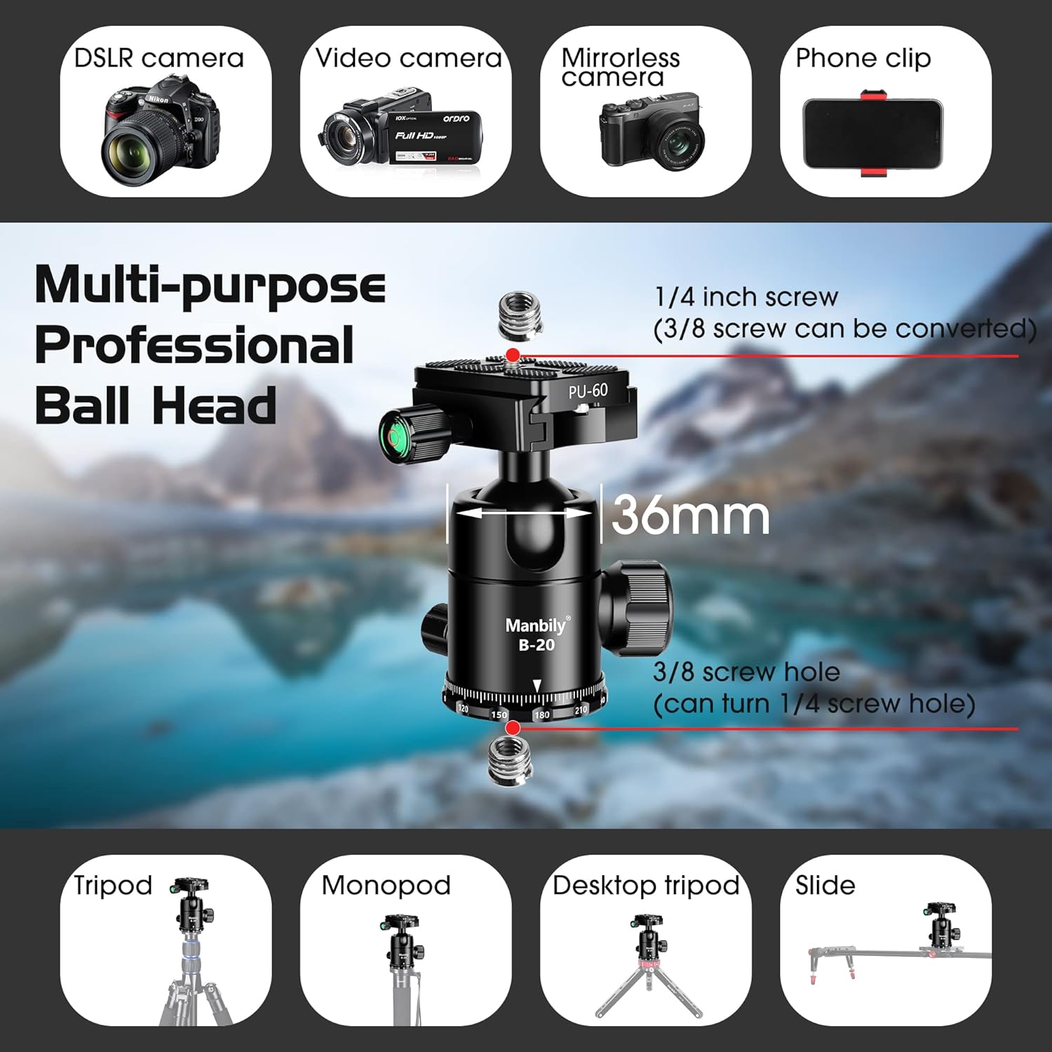 Manbily Professional Tripod Ball Head,Super Long Lens Does Not Easy Nod or Sag,Rotate 360 Degrees,Quick Release Plate and Level Gauge,CNC Metal Aluminum,for DSLR,Camcorder,monopod,Up to 33lbs/15kg Pack of 2