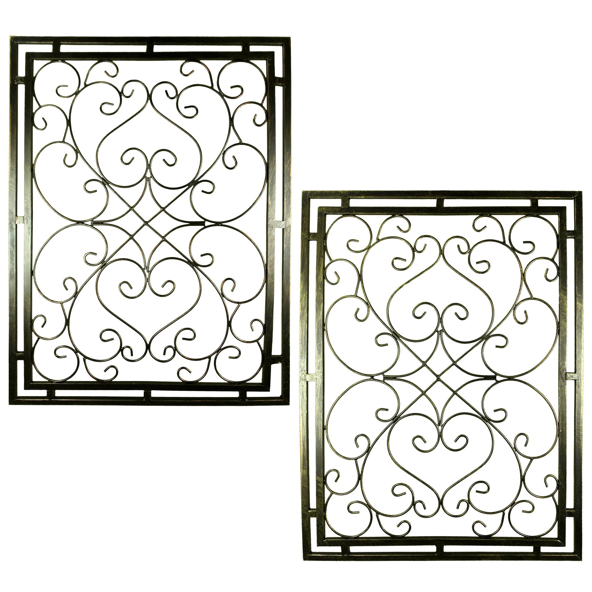 Benzara Metal WallDecor with Scroll Work and Rectangular Framed Design, Assortment of Two, Gray