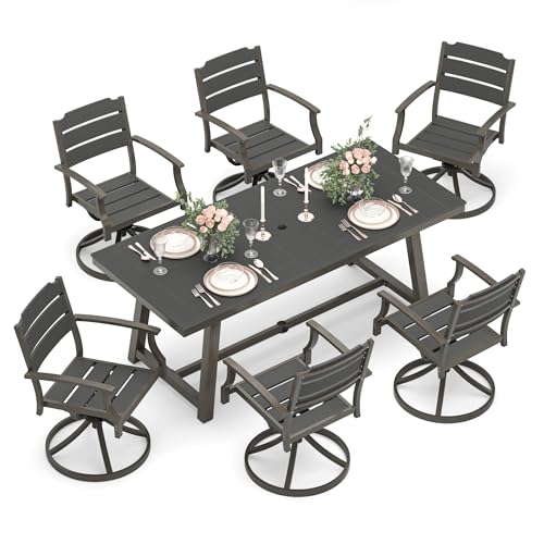 Outdoor Table and chairs Set 5Pcs,HDPS Patio Dining Set Swivel Rocking with Umbrella Hole, Aluminum Frame with HDPS Seat, Bullard Outdoor Furniture Set, brown-oil printed