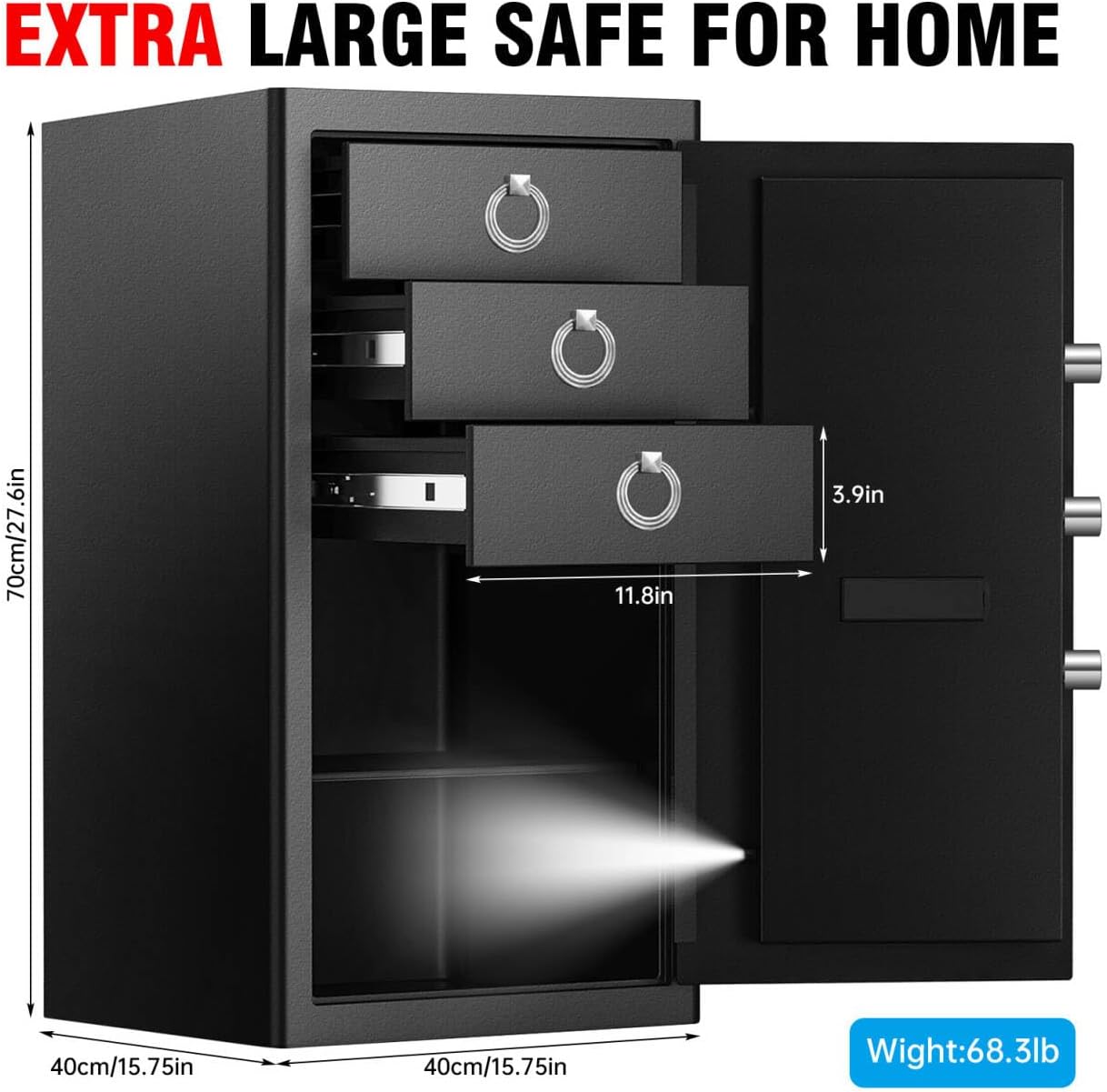 5.8 Cub Extra Large Fireproof Document Safe Box with Drawer for Home Office, Fire proof Safe with Anti-theft Smart Alert Digital Keypad and Key Lock Removable Shelf, Sensor Light