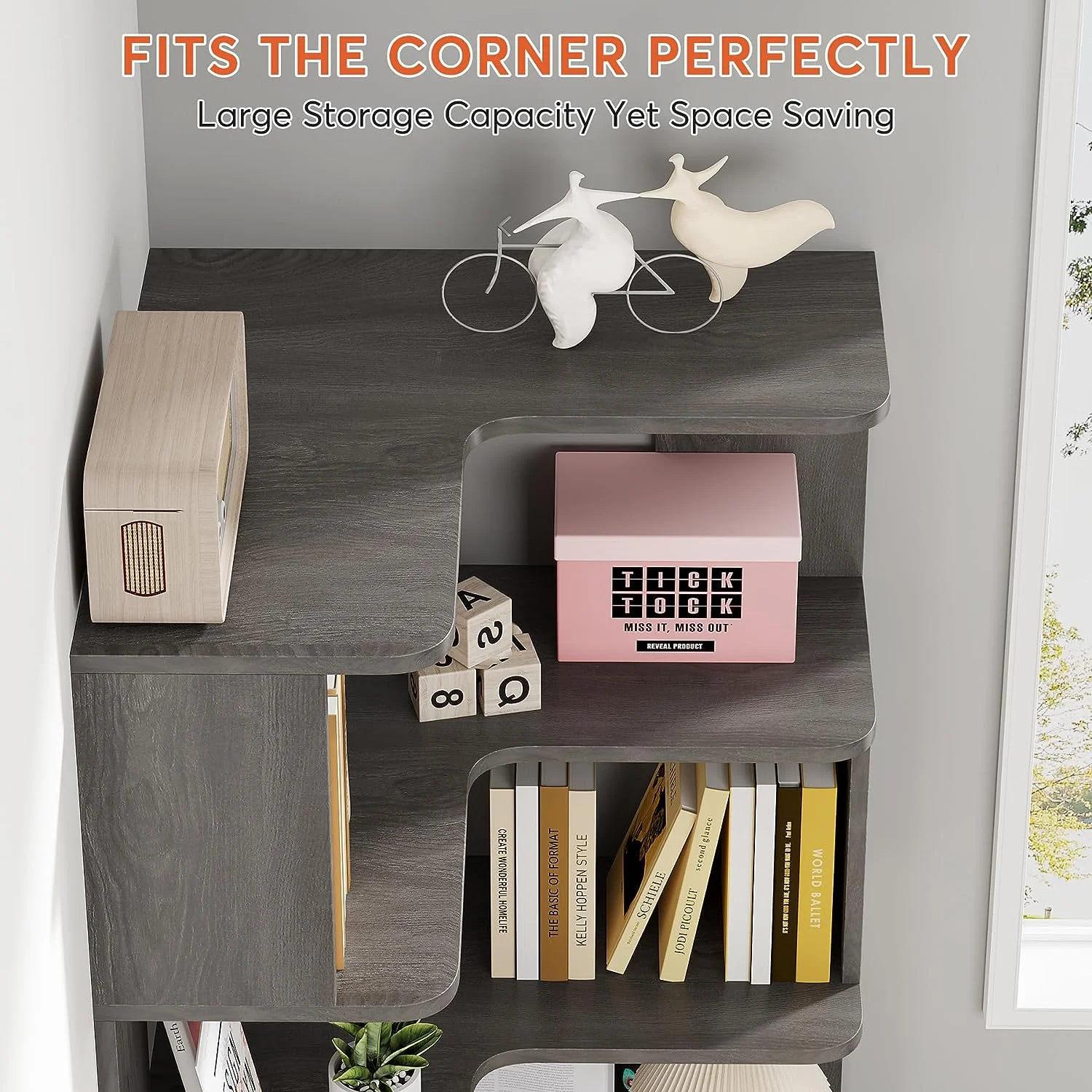 Tribesigns 6 Tier Corner Bookshelf, 64.9" Tall Industrial Bookcase with Anti drop Panel, Grey Corner Shelf for Home Office