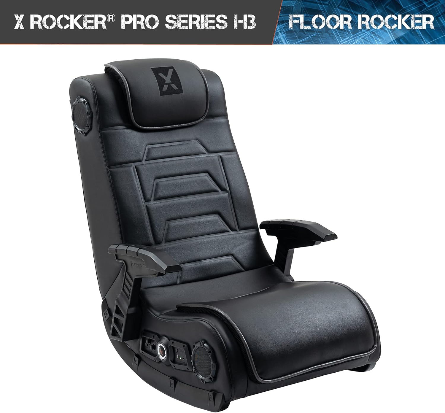 X Rocker Pro Series H3 Black Leather Vibrating Floor Video Gaming Chair with Headrest for Adult, Teen, and Kid Gamers - 4.1 High Tech Audio and Wireless Capacity - Foldable and Ergonomic Back Support