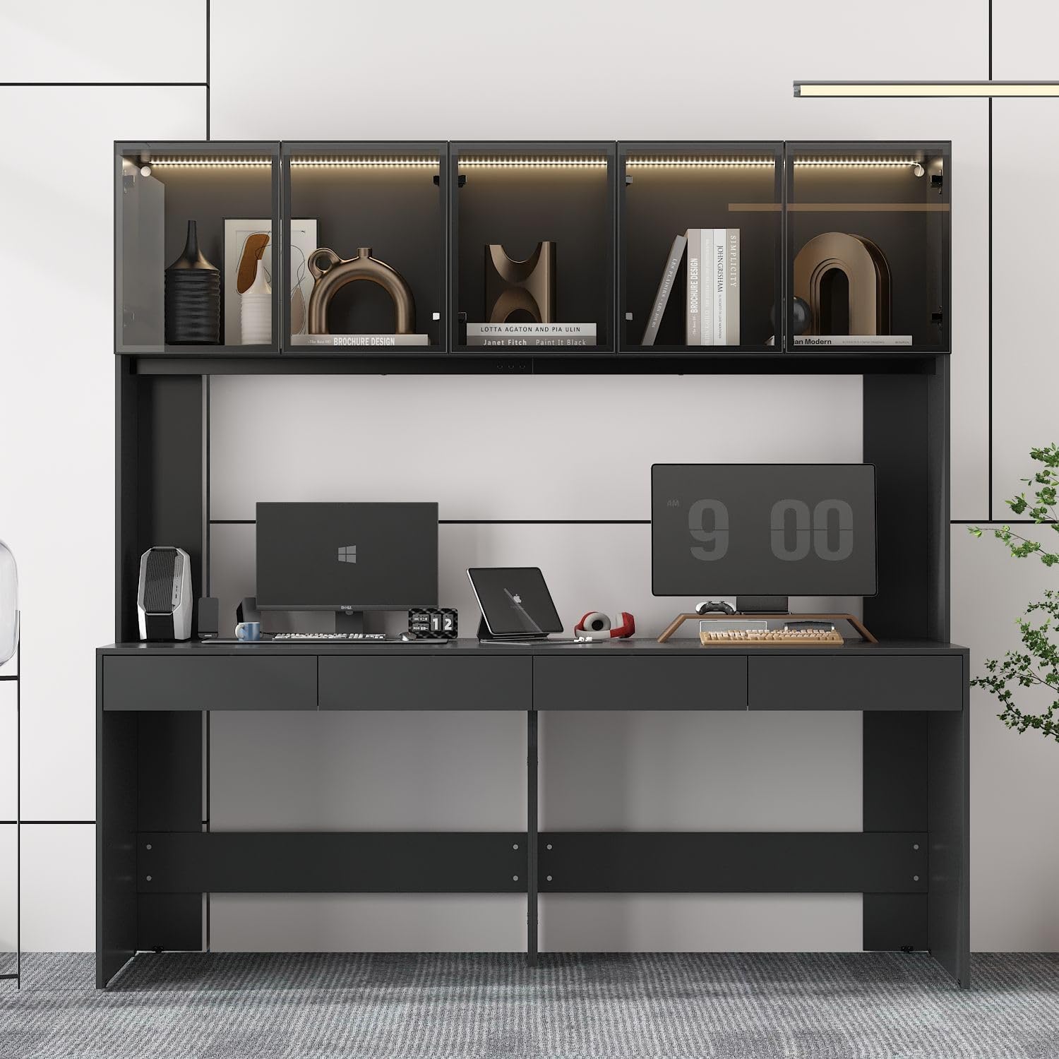 MOUMON Large Office Desk Executive Desk with Glass Doors & Lights, 2-Person Office Desk with 4 Drawers, 78.3 inch Desktop, Double Desk for Home Office Black (78.7”W x 23.6“D x 78.3”H)
