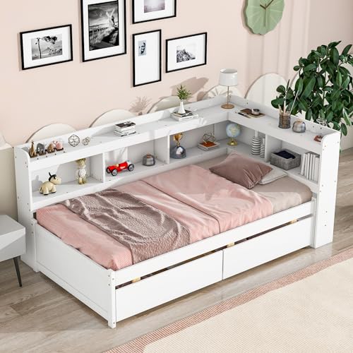 Full Size Platform Bed with Two Storage Drawers and L-Shaped Bookcase, Wooden Captain Bed Frame with Bookcase Headboard, Corner Bed Frame for Bedroom, No Box Spring Needed (Grey)