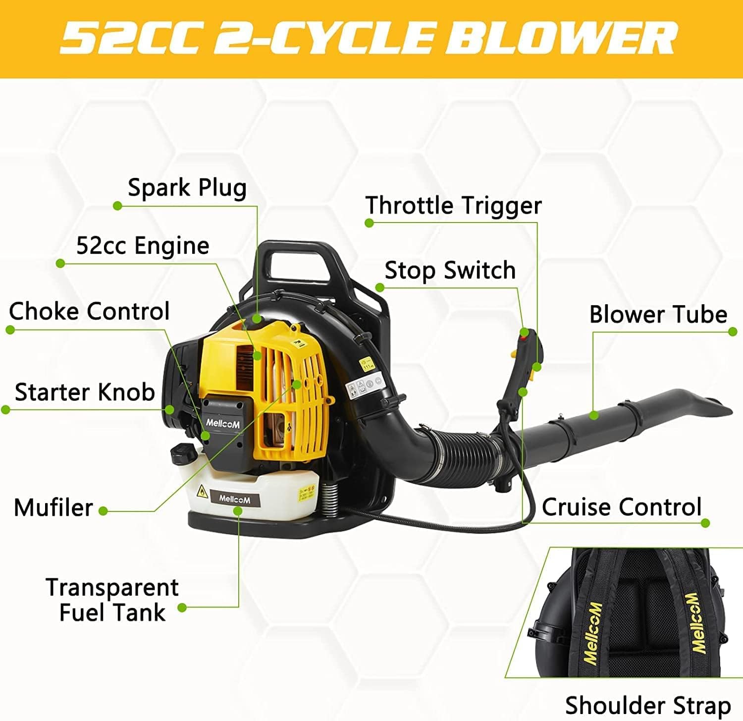 DNYKER Backpack Leaf Blower, 52cc 2-Cycle Gas Leaf Blower, 650 CFM Cordless Handheld Leaf Blower with Nozzle Extension for Lawn Care, Snow Debris and Dust Removal