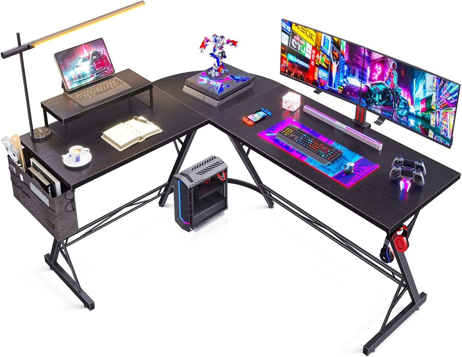 L Shaped Gaming Desk, 58" Home Office Desk with Round Corner, Computer Desk with Large Monitor Stand Desk Workstation