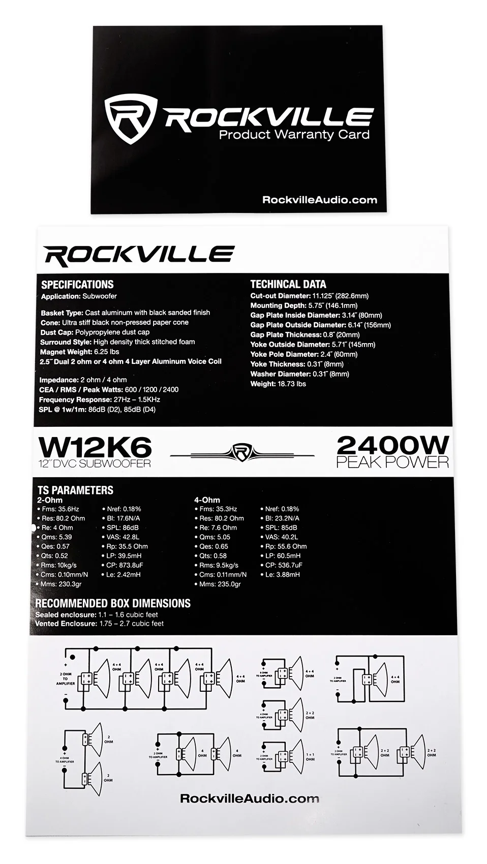 (2) Rockville W12K6D2 V2 12" 4800w Car Audio Subwoofers+Mono Amplifier+Amp Kit