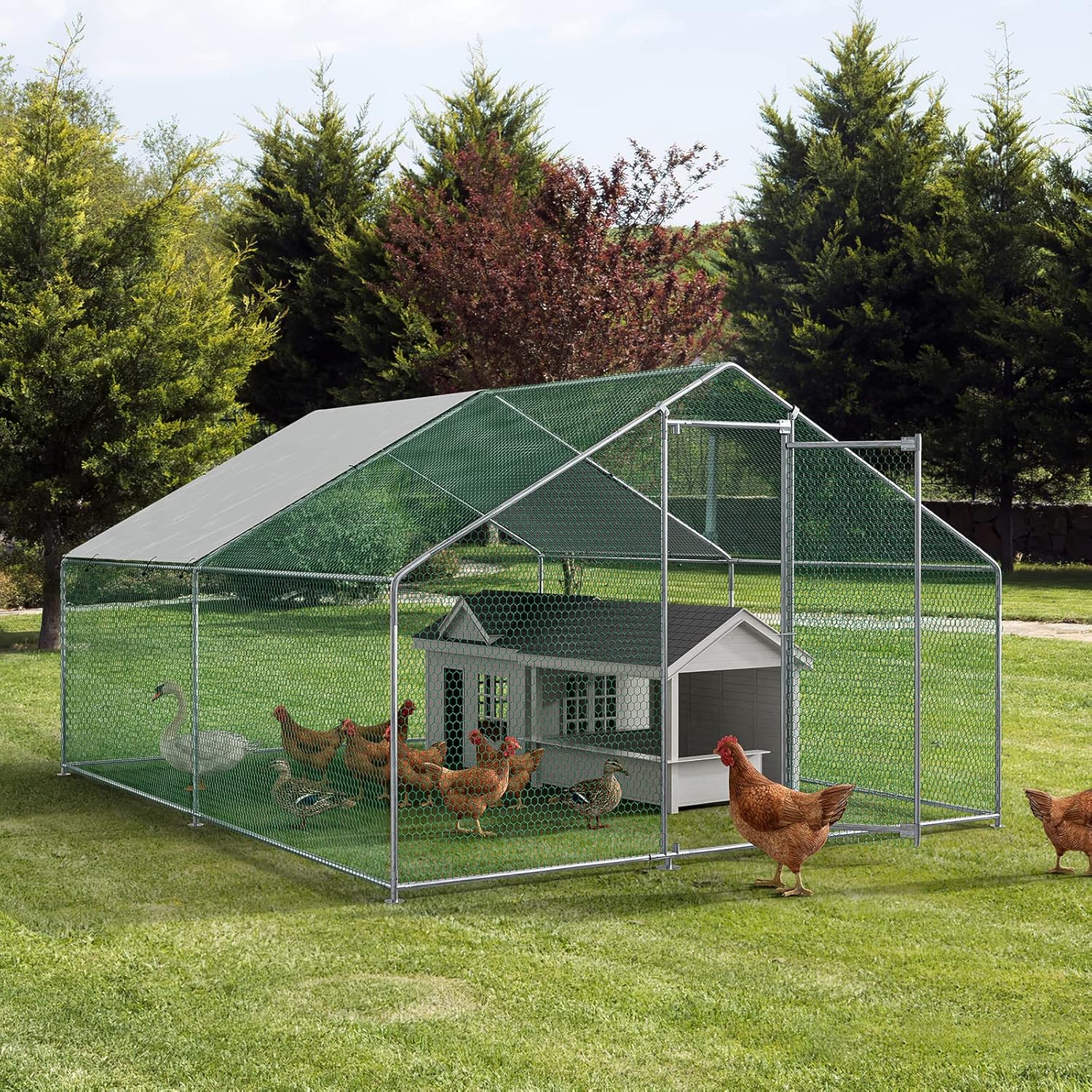 Oarlike Metal Chicken Coop for 20 Chickens Large Chicken Runs for Yard with Cover Galvanized Steel Chicken Pen Outdoor for Hen Duck Rabbits Goose Puppy Heavy Duty Walk-in Poultry Cage for Outside