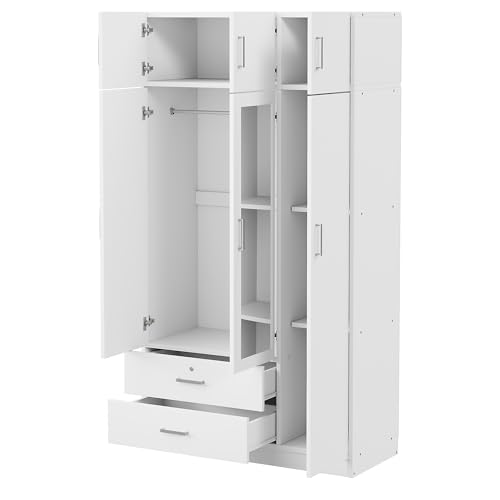 Mirror 3 Doors Closet Wardrobe with 2 Drawers and Top Cabinet, Modern Wooden Armoire Wardrobe Closet with Hanging Rod for Bedroom, Freestanding Bedroom Closet, Clothes Storage Organizer (White)